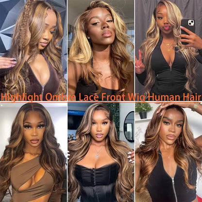 13X4 Highlight Ombre Lace Front Wig Human Hair Pre Plucked 4/27 Honey Blonde HD Transparent Colored Lace Frontal Wigs for Women with Baby Hair 180% Density Body Wave Lace Front Wig (24 Inch)