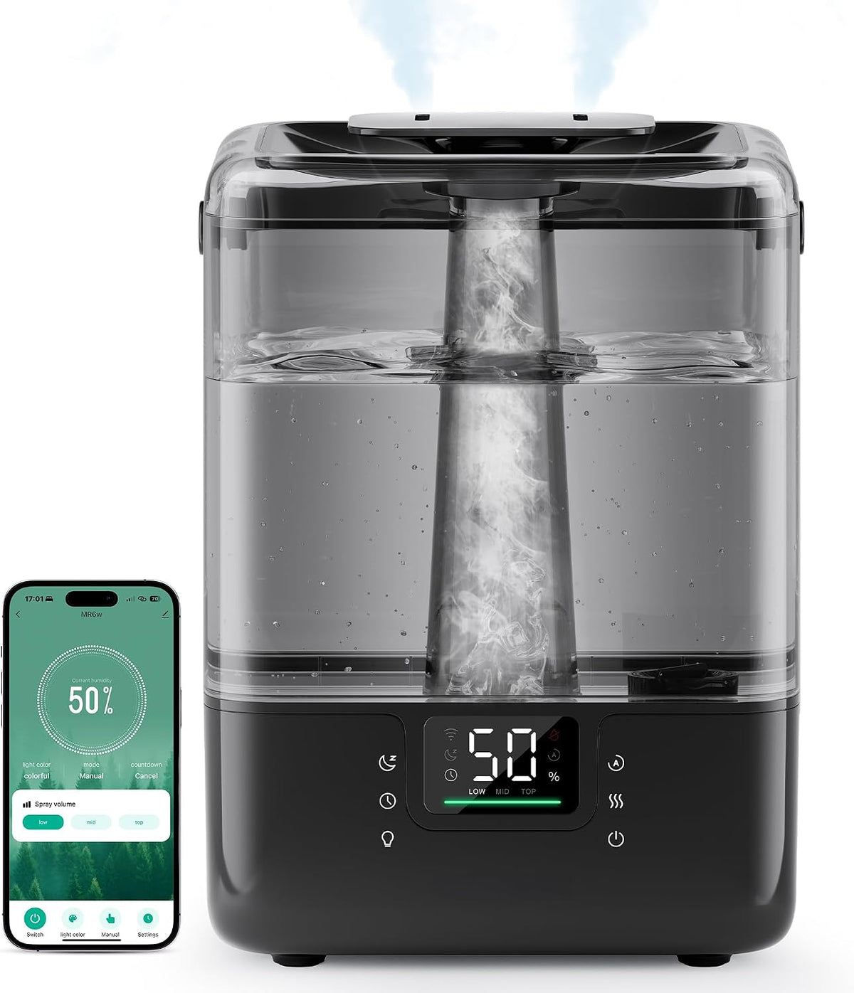 Smart Humidifiers for Bedroom Large Room Home, 6L Cool Mist Top Fill Humidifier with Essential Oil Diffuser, Smart App &amp; Voice Control, for Nursery &amp; Plants, Black, 1 Pack + 7 Color Nightlight