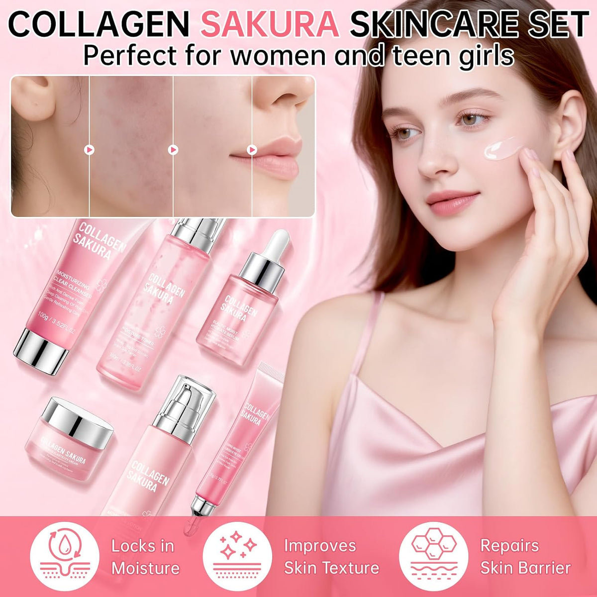 Collagen Sakura Skincare Gift Set, Cherry Blossom Skin Care Set for Teen Girls &amp; Women, Moisturizing &amp; Revitalizing Skin, 6Pcs Collagen Skin Care Routine Kits for Face, Korean Daily Skin Care