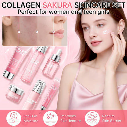 Collagen Sakura Skincare Gift Set, Cherry Blossom Skin Care Set for Teen Girls &amp; Women, Moisturizing &amp; Revitalizing Skin, 6Pcs Collagen Skin Care Routine Kits for Face, Korean Daily Skin Care