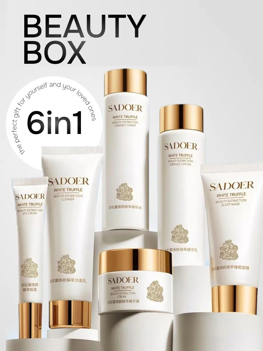 White Truffle Skincare Set for Women, 6-Piece Facial Care Routine with Cleanser, Toner, Lotion, Cream, Eye Cream &amp; Sleep Mask, Hydrating Nourishing Beauty Gift Set