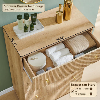 Fluted 5 Drawers Dresser for Bedroom, 45" Tall Modern Dressers &amp; Chest of Drawers with Metal Handle, Wood Closet Clothes Storage Organizer,Storage Dressers Organizer for Hally/Living Room, Natural