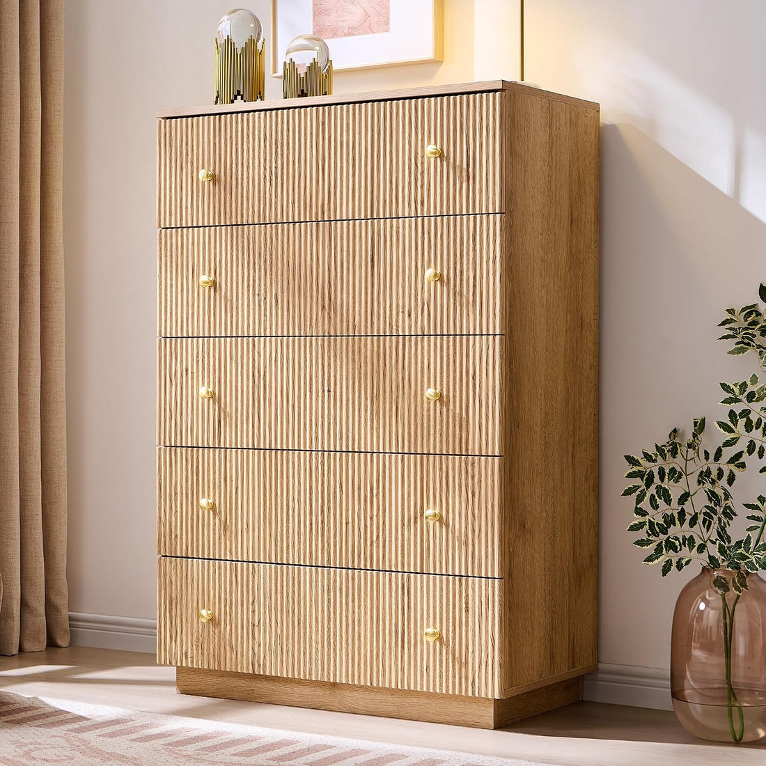 Fluted 5 Drawers Dresser for Bedroom, 45" Tall Modern Dressers &amp; Chest of Drawers with Metal Handle, Wood Closet Clothes Storage Organizer,Storage Dressers Organizer for Hally/Living Room, Natural