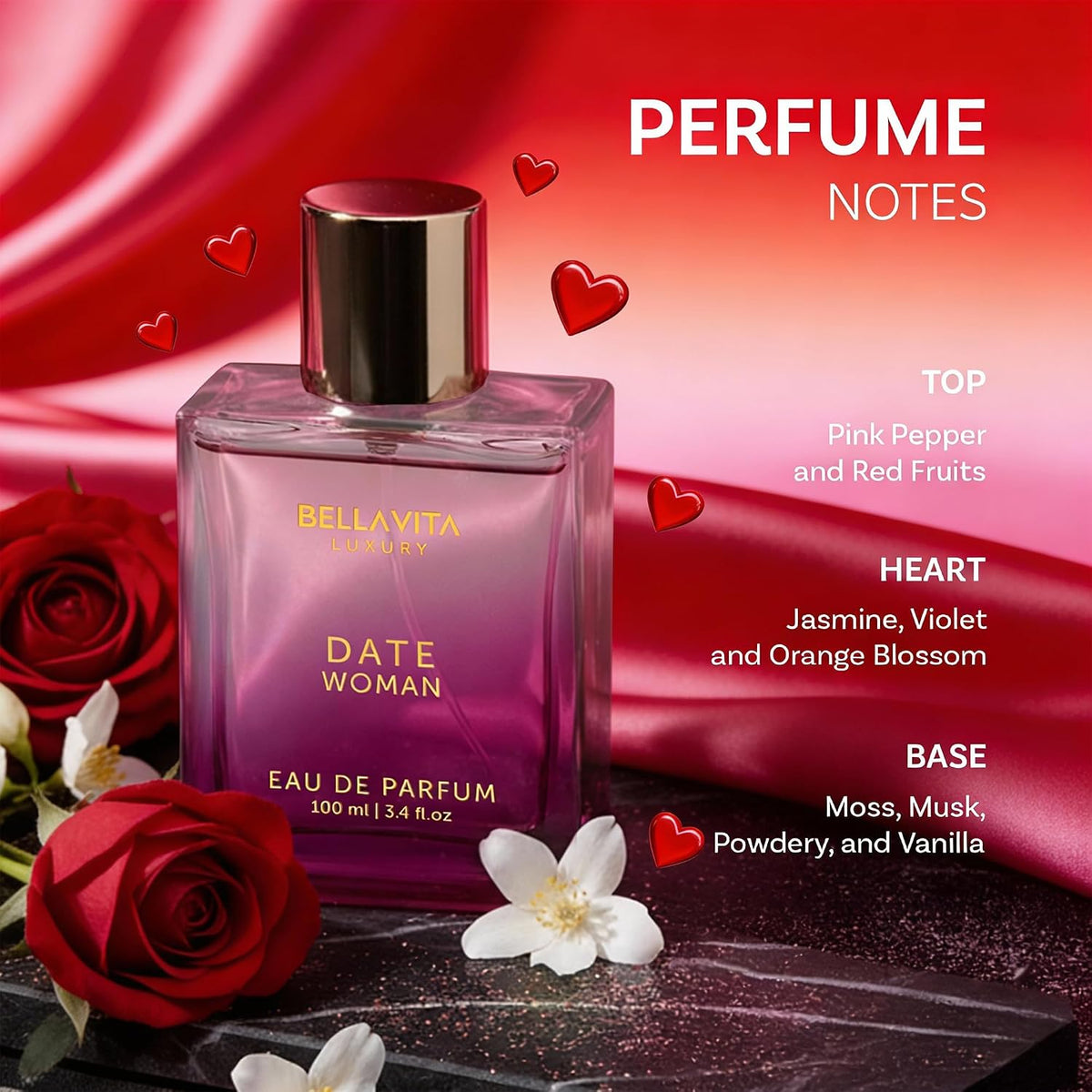 Bellavita Luxury DATE Eau De Parfum | 100 Ml (3.4 Fl.Oz.) | Perfume for Women | Floral, Pink Pepper, Jasmine, and Moss Notes | Long Lasting Fragrance