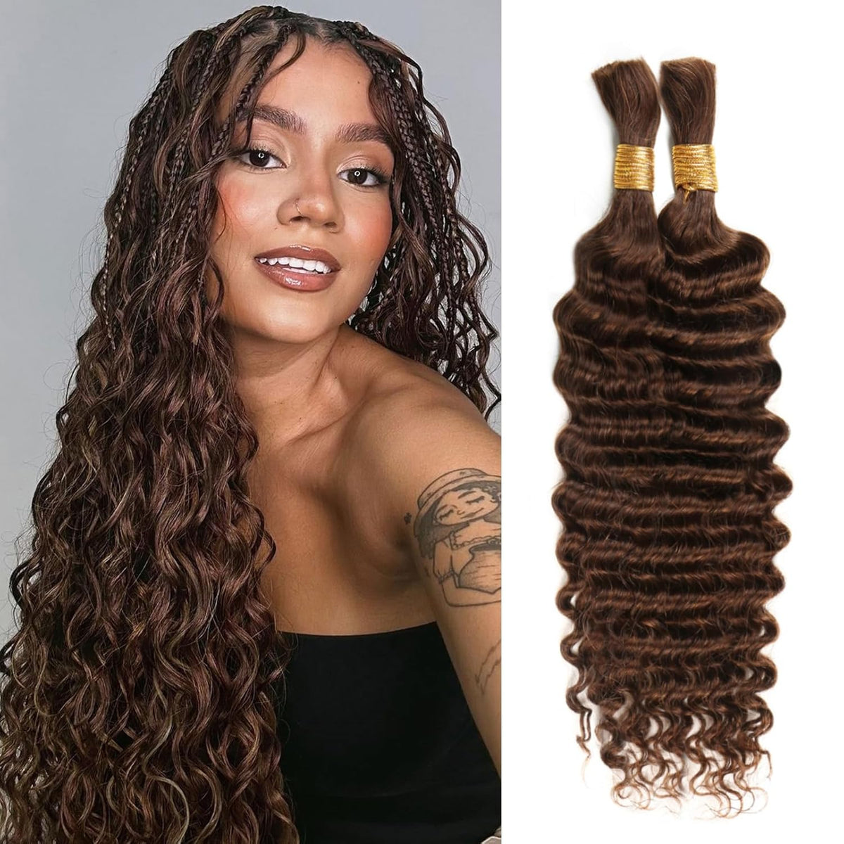 Human Braiding Hair 14Inch 100G Chocolate Brown Deep Wave Bulk No Weft Bohemian for 100% Brazilian Virgin Curly Extensions Boho Braids (