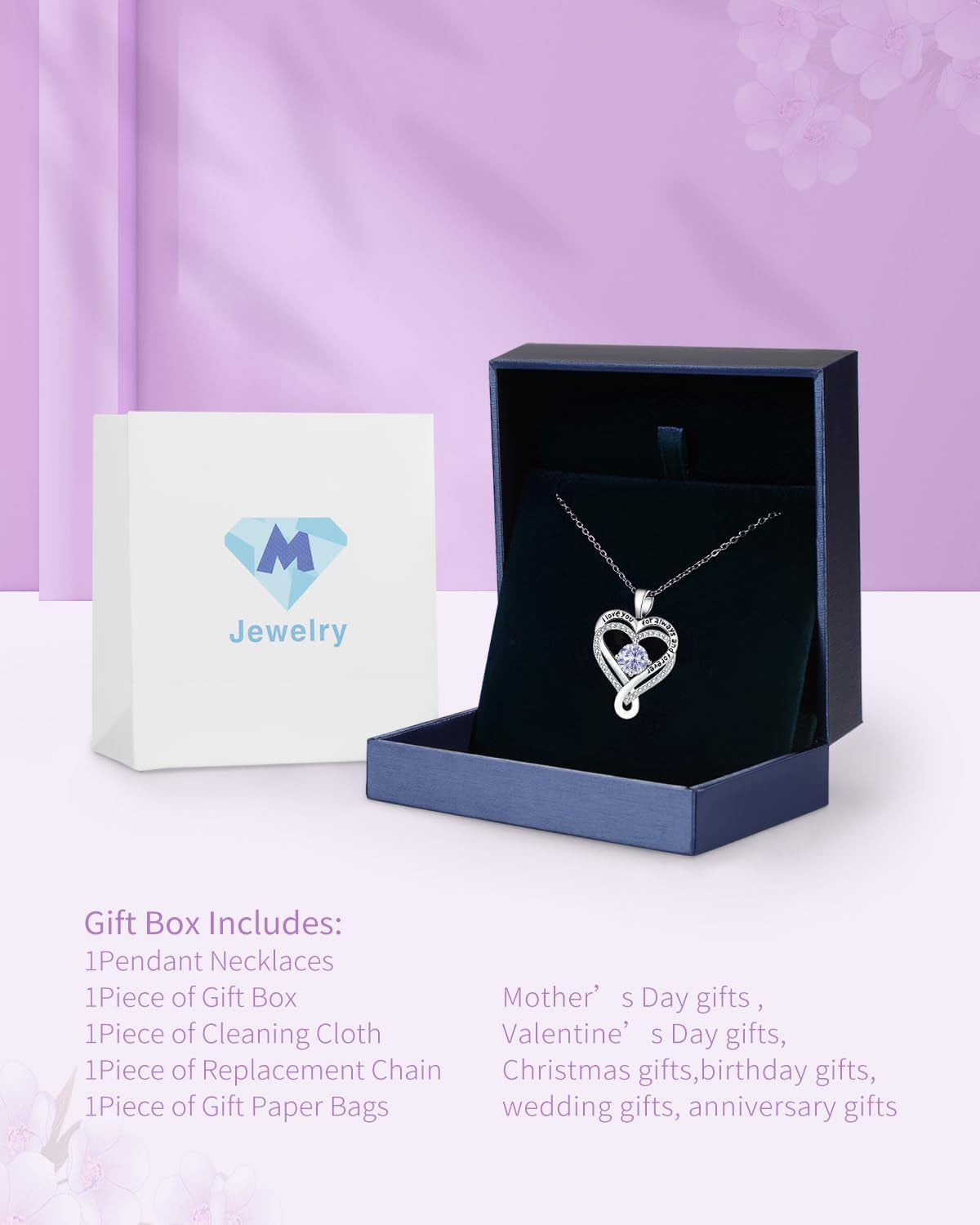 Jewelry for Women Wife Infinity Heart Birthstone I Love You Necklace S925 Anniversary Women Necklaces for Her Wife Birthday Gift Ideas, Birthday Present for Girlfriend Mom Daughter Sterling Silver