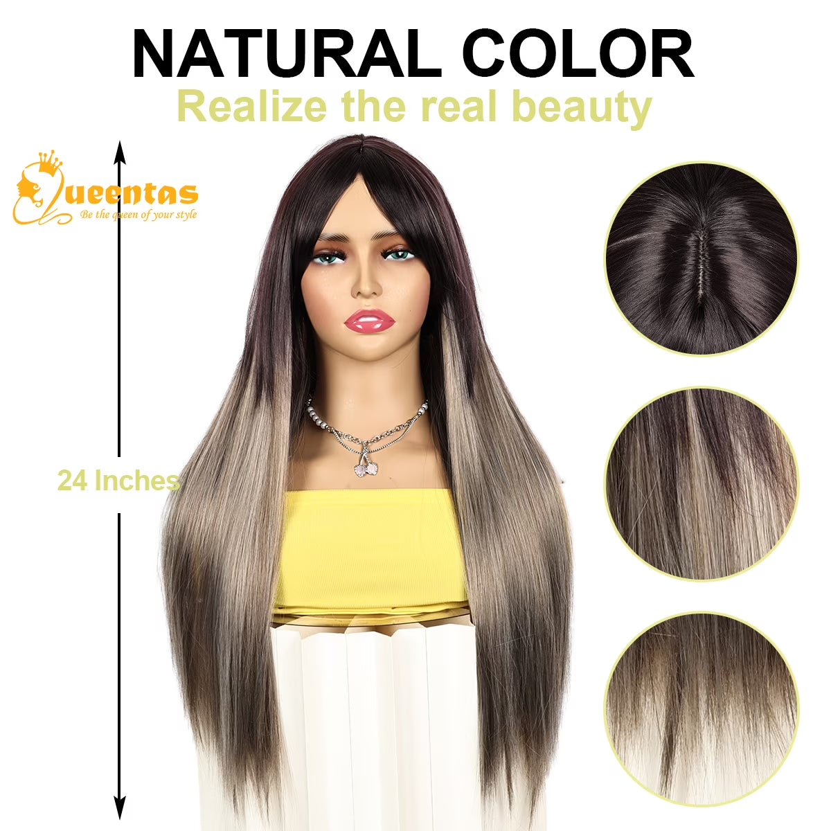 26" Grey Wigs for Women Synthetic Grey Wigs with Dark Root Straight Long Wigs with Bangs Glueless Wigs Purple Mix Grey