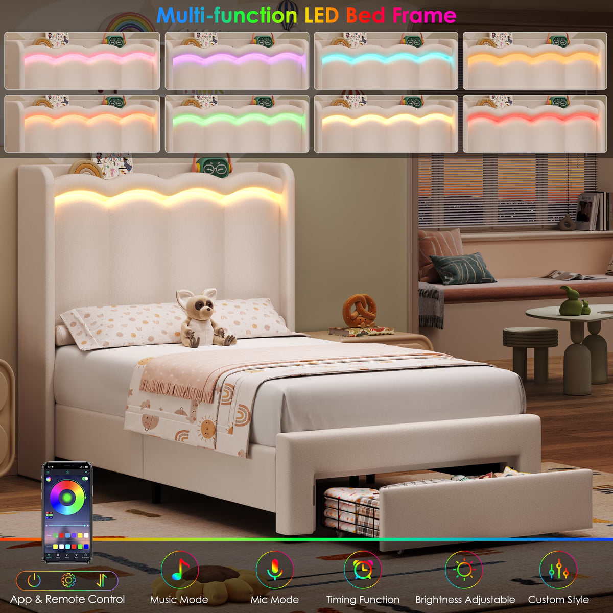 Twin Size Bed with Power Outlet &amp; LED, Upholstered Princess Beds with Drawer, Twin Beds with Headboard Storage, Beige