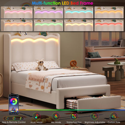 Twin Size Bed with Power Outlet &amp; LED, Upholstered Princess Beds with Drawer, Twin Beds with Headboard Storage, Beige