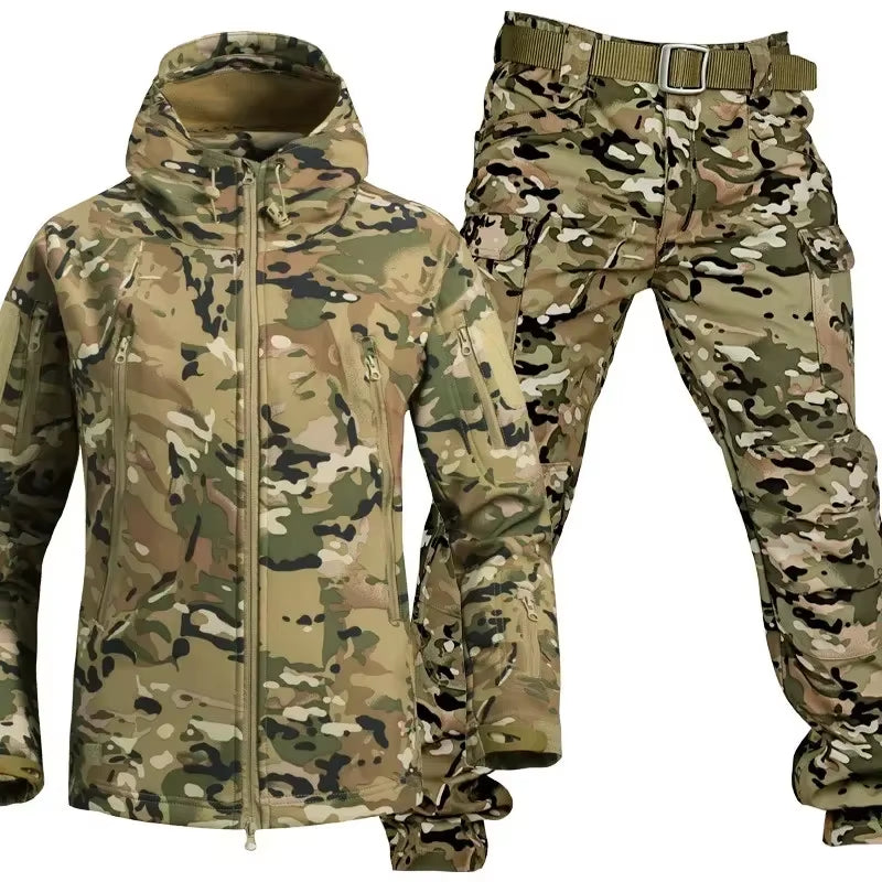 Winter Thicken Men Camo Suit Waterproof Tactical Training Set Multi-Pocket Hooded Jacket Fleece Pants Outdoor Hunting 2-Piece