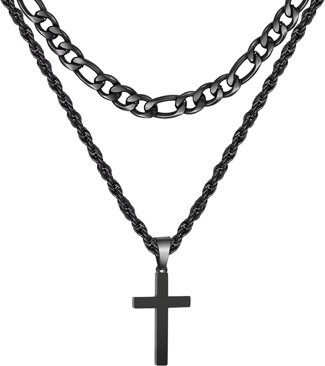 Layered Black Cross Necklaces for Men Stainless Steel Figaro Twist Rope Pendant Chain Set Religious Christian Stuff Accessories Birthday Christmas Jewelry Gifts Teen Boys Stocking Stuffers Kids