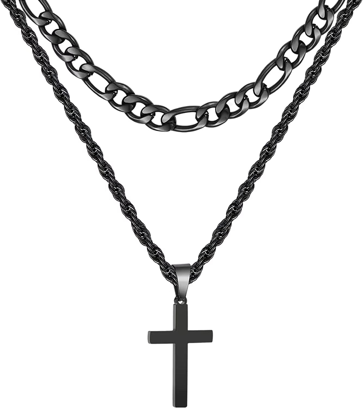 Layered Black Cross Necklaces for Men Stainless Steel Figaro Twist Rope Pendant Chain Set Religious Christian Stuff Accessories Birthday Christmas Jewelry Gifts Teen Boys Stocking Stuffers Kids