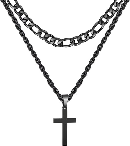 Layered Black Cross Necklaces for Men Stainless Steel Figaro Twist Rope Pendant Chain Set Religious Christian Stuff Accessories Birthday Christmas Jewelry Gifts Teen Boys Stocking Stuffers Kids