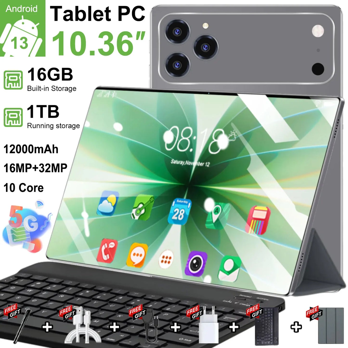 2026 Original 5G Pad 16GB Ram 1TB Rom 10.36inch 12000mAh Android13 Bluetooth 10core WIFI Office GPS HD Tablet with keyboard