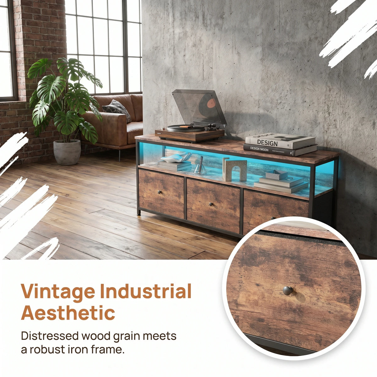 108cm TV Cabinet, Storage Unit with 3 Drawers and Open Shelves, Built-in LED Lighting, Suitable for Living Room and Bedroom, Country Style, Tiger Skin