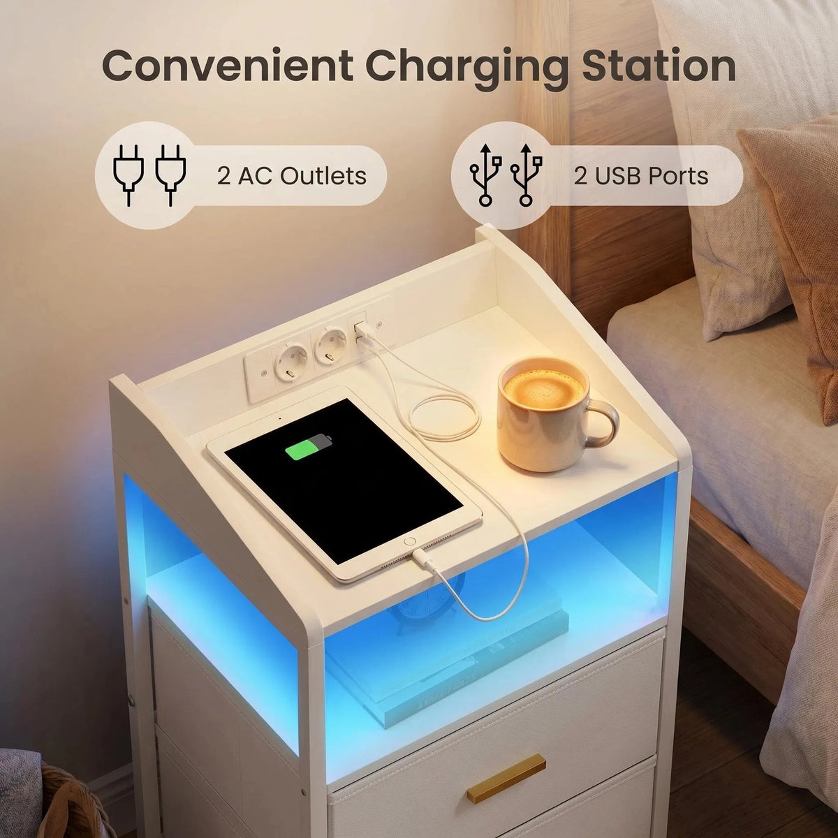 Bedside Table set of 2, with LED Lights and Charging Station, Side Table with 2 Fabric Drawers and Shelves, White