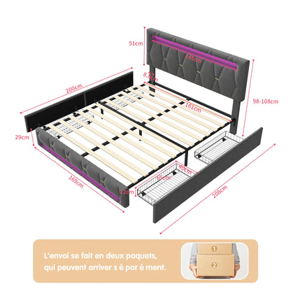 Rosahqnda Upholstered bed, Double bed without mattress, Linen bed frame with headboard backrest, 4 drawers, Double bed