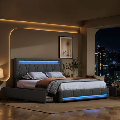Rosahqnda Upholstered bed, Double bed without mattress, Linen bed frame with headboard backrest, 4 drawers, Double bed