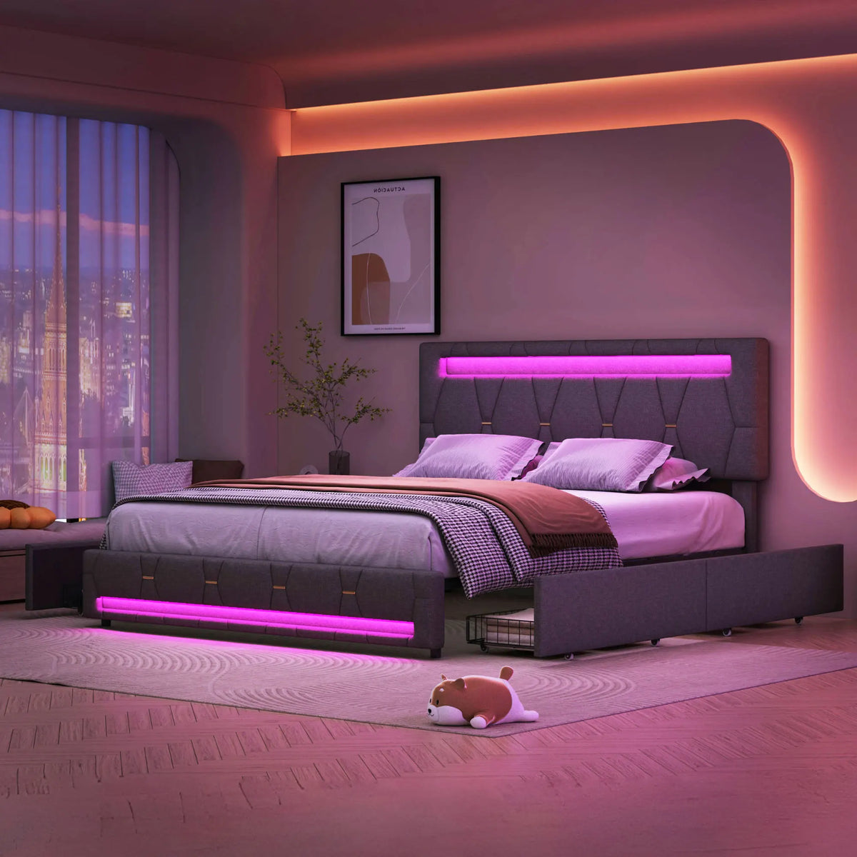 Rosahqnda Upholstered bed, Double bed without mattress, Linen bed frame with headboard backrest, 4 drawers, Double bed