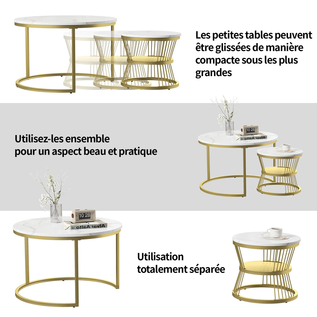 Round coffee table, two-piece set, marble top, metal frame, suitable for living room and bedroom, gold