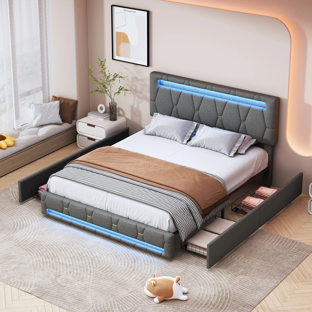 Rosahqnda Upholstered bed, Double bed without mattress, Linen bed frame with headboard backrest, 4 drawers, Double bed