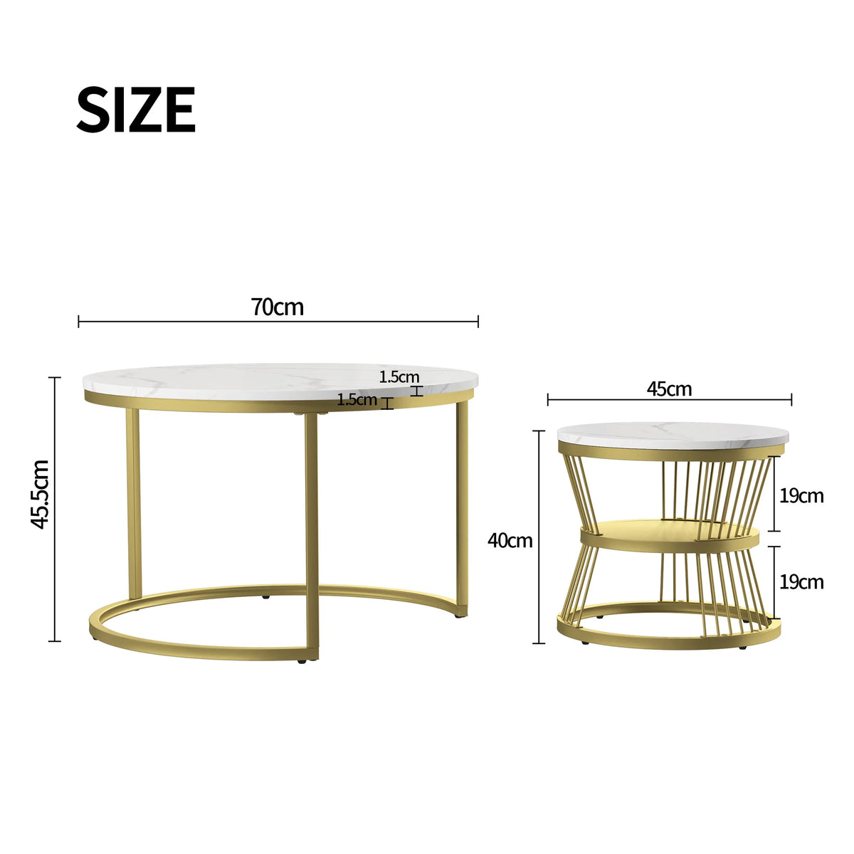 Round coffee table, two-piece set, marble top, metal frame, suitable for living room and bedroom, gold