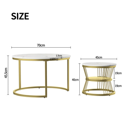 Round coffee table, two-piece set, marble top, metal frame, suitable for living room and bedroom, gold