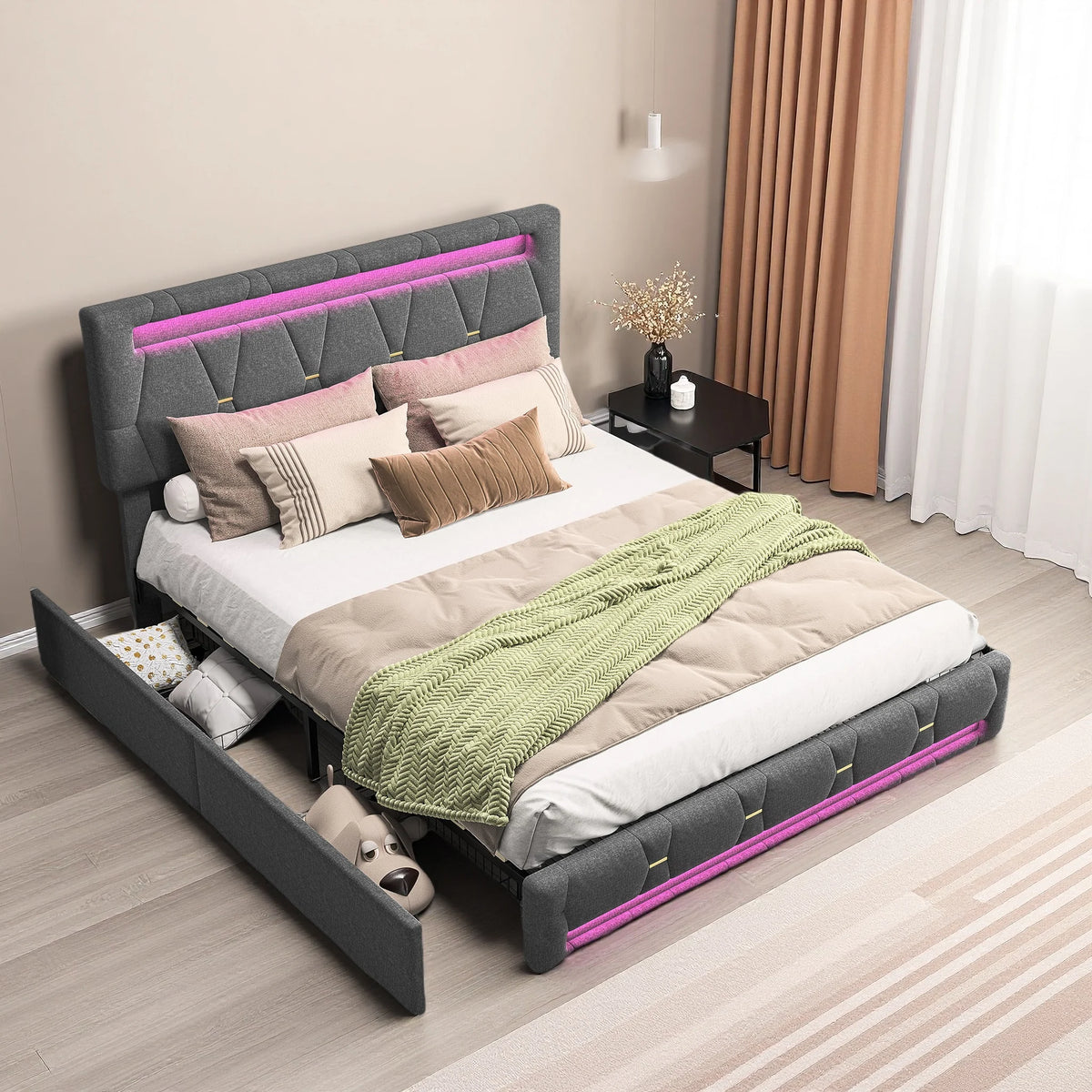 Rosahqnda Upholstered bed, Double bed without mattress, Linen bed frame with headboard backrest, 4 drawers, Double bed