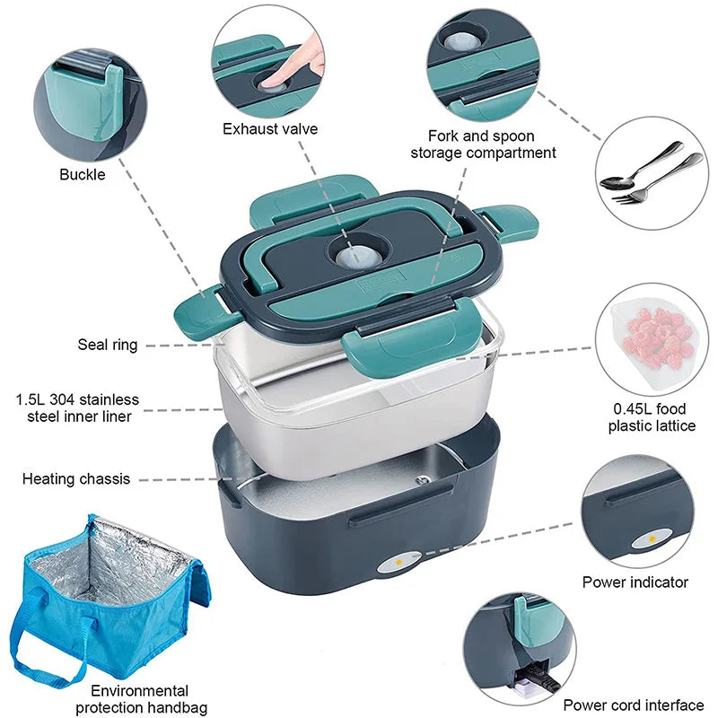 2 in 1 Electric Heating Lunch Box 1 5L For Car Home 220V 60W Portable Stainless Steel Food Container Bento Box
