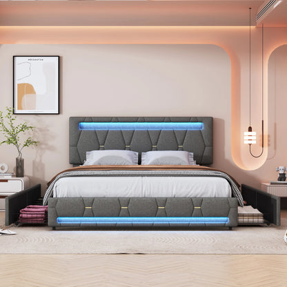 Rosahqnda Upholstered bed, Double bed without mattress, Linen bed frame with headboard backrest, 4 drawers, Double bed