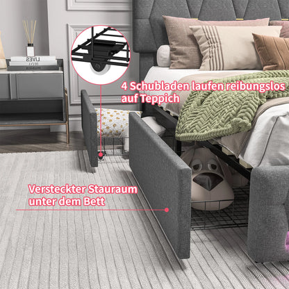 Rosahqnda Upholstered bed, Double bed without mattress, Linen bed frame with headboard backrest, 4 drawers, Double bed