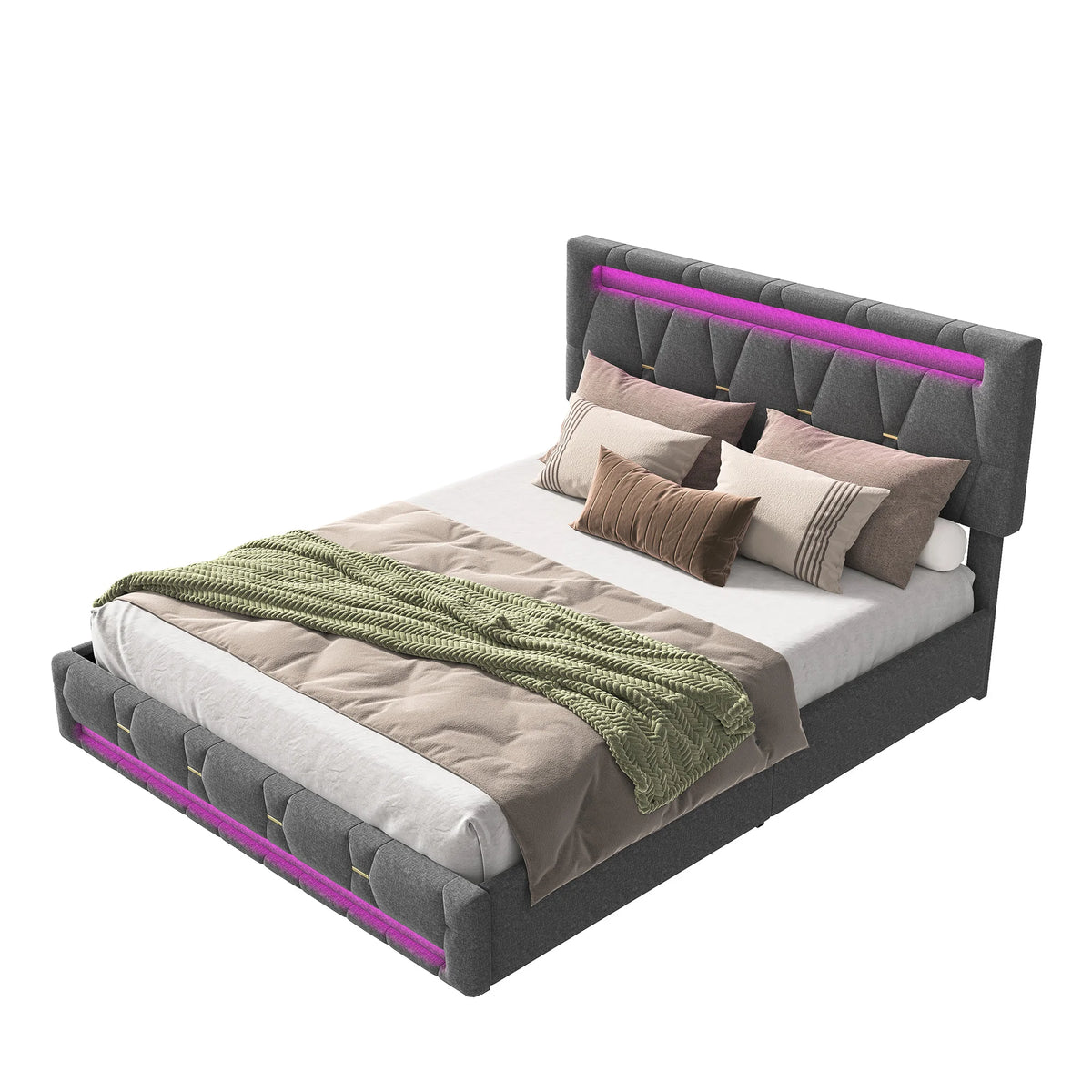 Rosahqnda Upholstered bed, Double bed without mattress, Linen bed frame with headboard backrest, 4 drawers, Double bed