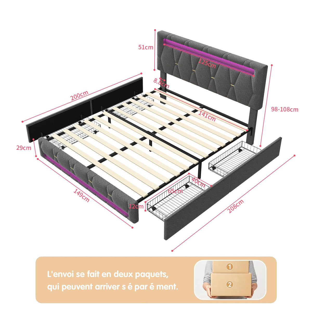 Rosahqnda Upholstered bed, Double bed without mattress, Linen bed frame with headboard backrest, 4 drawers, Double bed