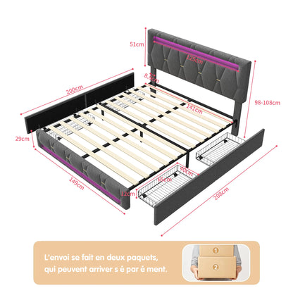 Rosahqnda Upholstered bed, Double bed without mattress, Linen bed frame with headboard backrest, 4 drawers, Double bed