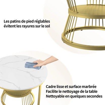 Round coffee table, two-piece set, marble top, metal frame, suitable for living room and bedroom, gold