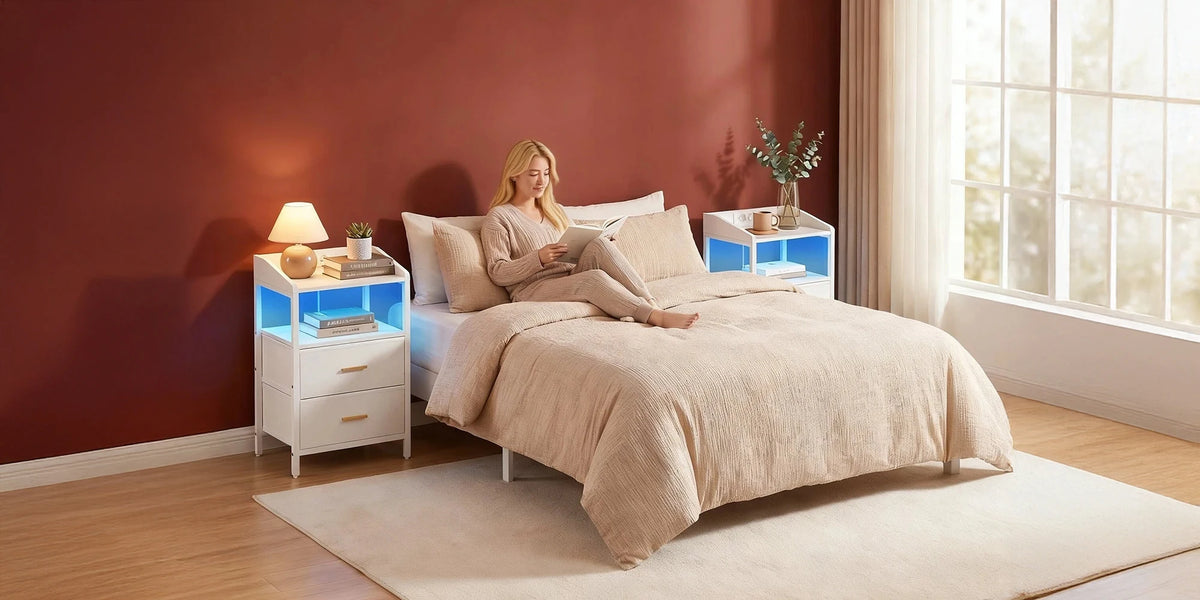 Bedside Table set of 2, with LED Lights and Charging Station, Side Table with 2 Fabric Drawers and Shelves, White