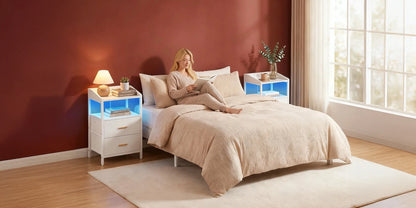 Bedside Table set of 2, with LED Lights and Charging Station, Side Table with 2 Fabric Drawers and Shelves, White