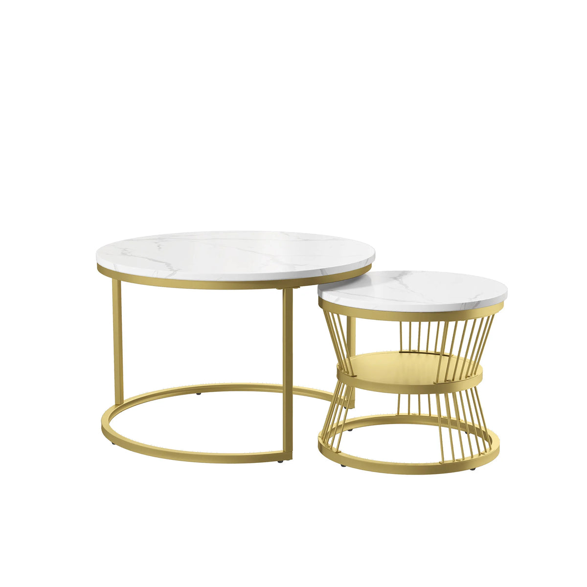 Round coffee table, two-piece set, marble top, metal frame, suitable for living room and bedroom, gold