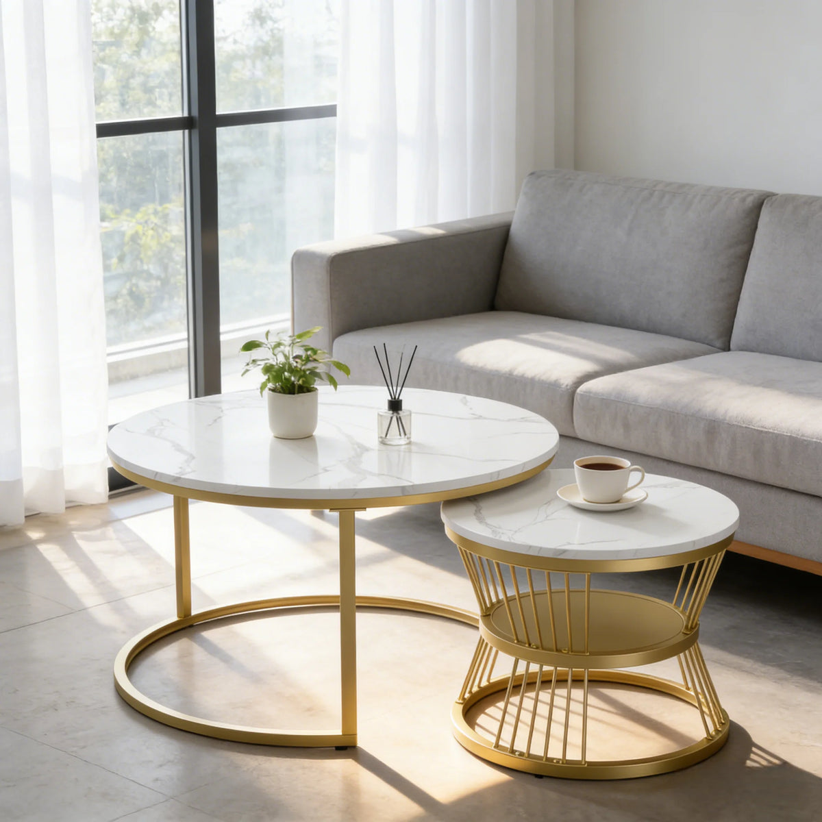 Round coffee table, two-piece set, marble top, metal frame, suitable for living room and bedroom, gold