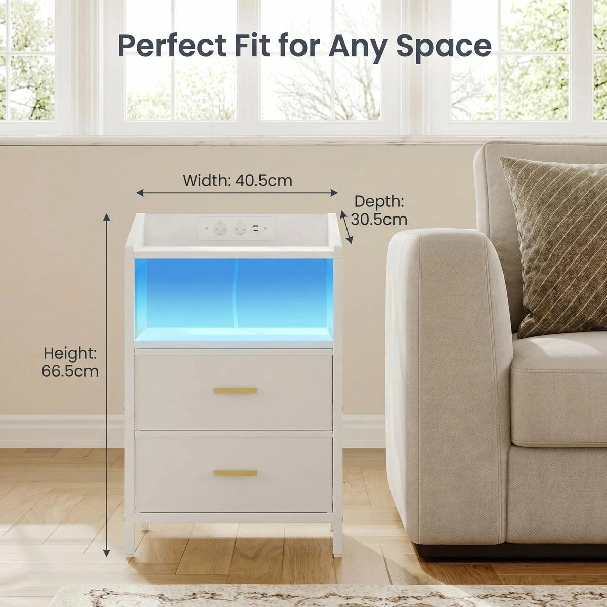Bedside Table set of 2, with LED Lights and Charging Station, Side Table with 2 Fabric Drawers and Shelves, White
