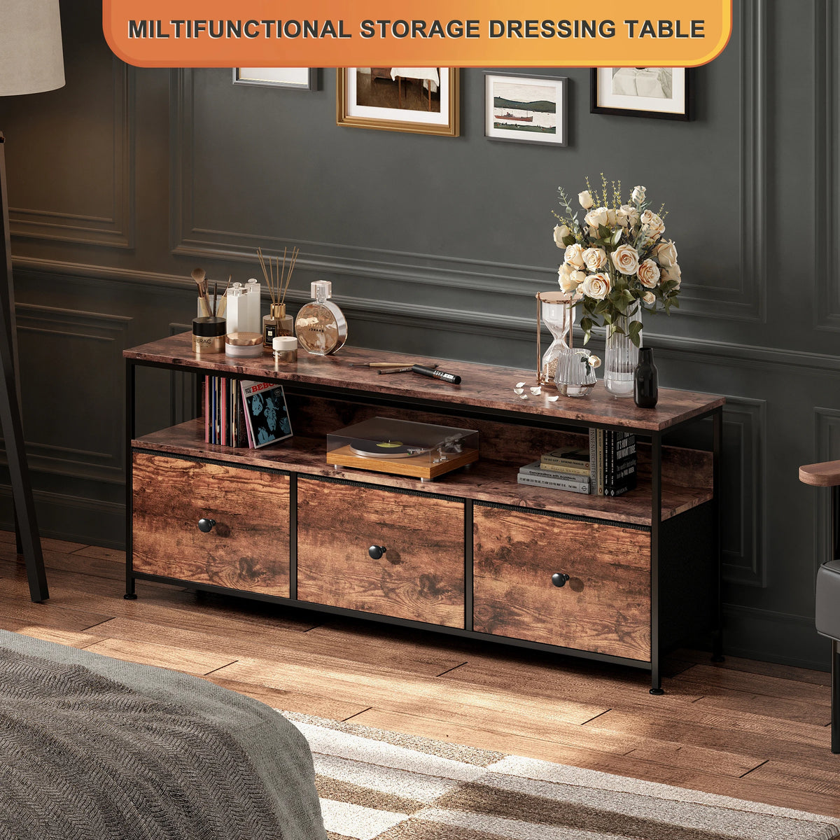108cm TV Cabinet, Storage Unit with 3 Drawers and Open Shelves, Built-in LED Lighting, Suitable for Living Room and Bedroom, Country Style, Tiger Skin