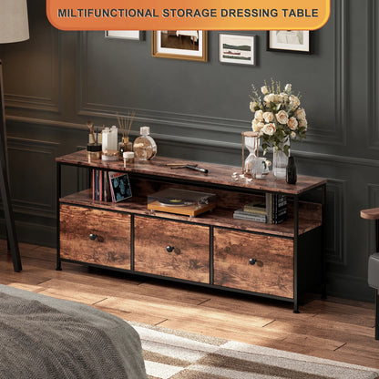 108cm TV Cabinet, Storage Unit with 3 Drawers and Open Shelves, Built-in LED Lighting, Suitable for Living Room and Bedroom, Country Style, Tiger Skin