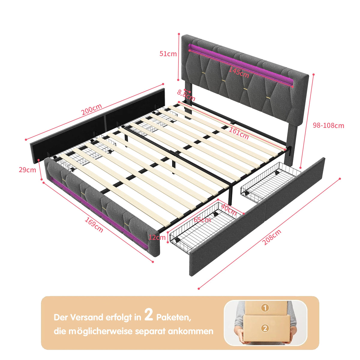 Rosahqnda Upholstered bed, Double bed without mattress, Linen bed frame with headboard backrest, 4 drawers, Double bed