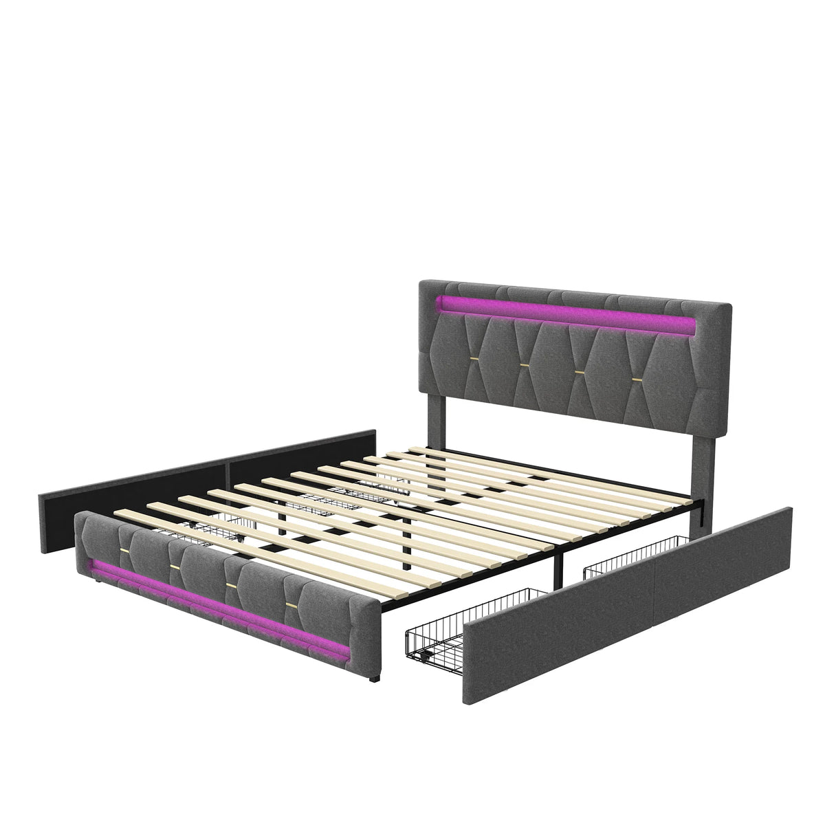 Rosahqnda Upholstered bed, Double bed without mattress, Linen bed frame with headboard backrest, 4 drawers, Double bed