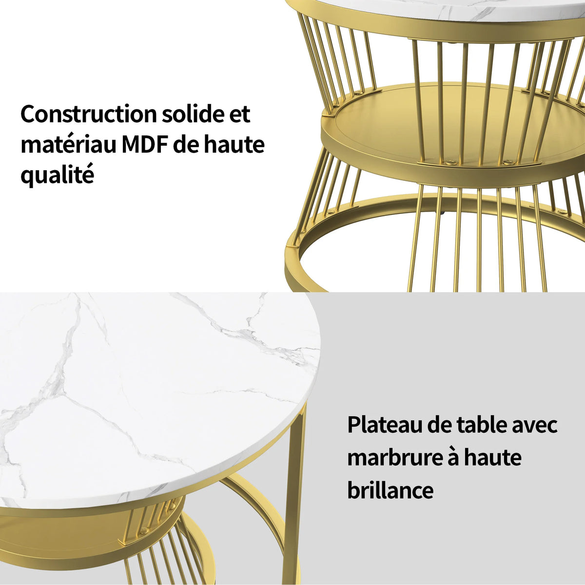 Round coffee table, two-piece set, marble top, metal frame, suitable for living room and bedroom, gold