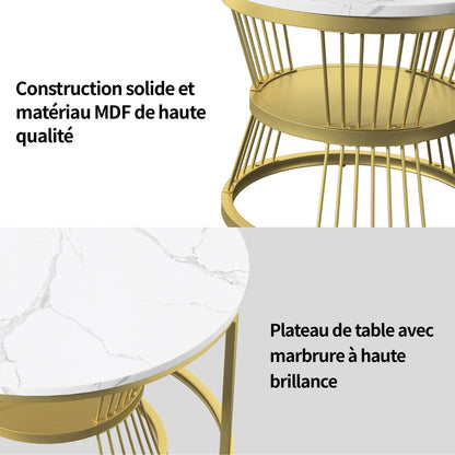 Round coffee table, two-piece set, marble top, metal frame, suitable for living room and bedroom, gold