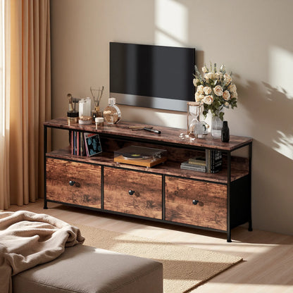 108cm TV Cabinet, Storage Unit with 3 Drawers and Open Shelves, Built-in LED Lighting, Suitable for Living Room and Bedroom, Country Style, Tiger Skin
