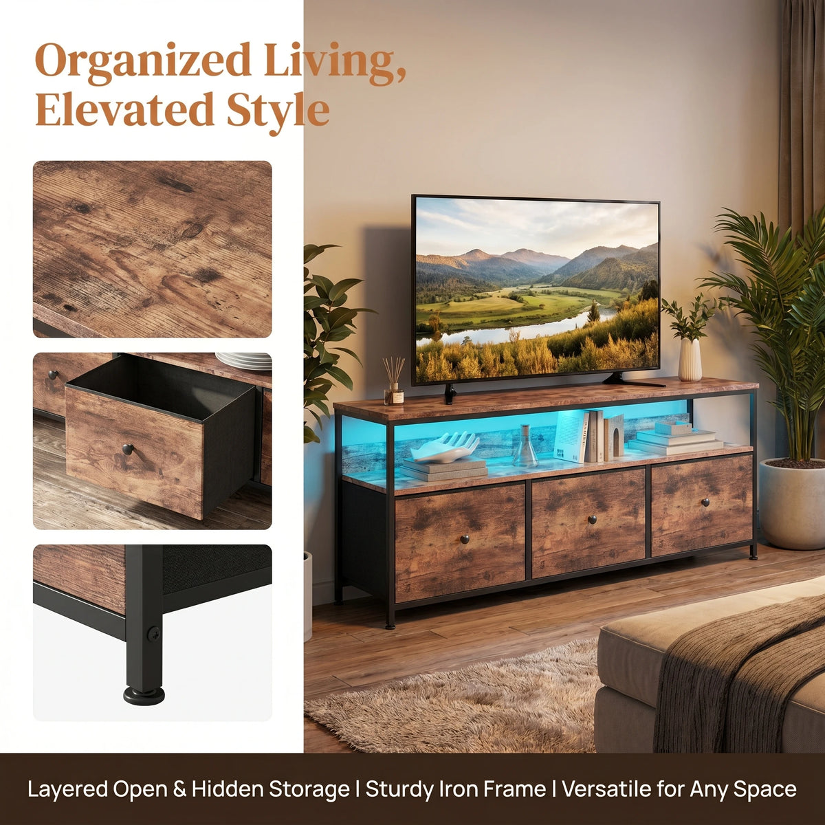 108cm TV Cabinet, Storage Unit with 3 Drawers and Open Shelves, Built-in LED Lighting, Suitable for Living Room and Bedroom, Country Style, Tiger Skin