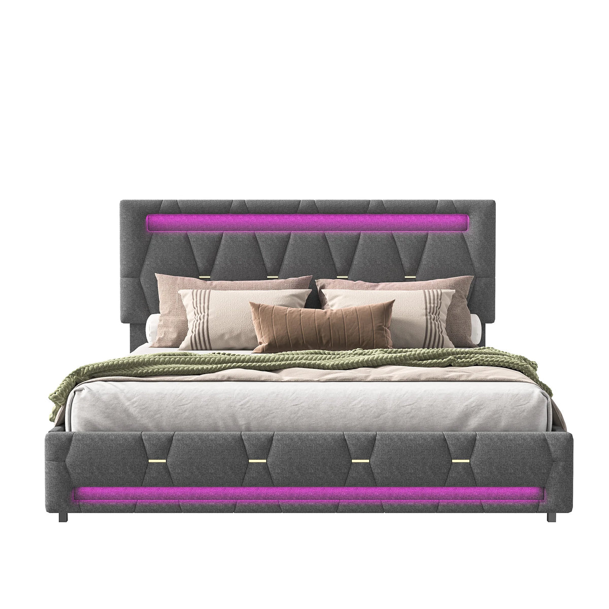 Rosahqnda Upholstered bed, Double bed without mattress, Linen bed frame with headboard backrest, 4 drawers, Double bed