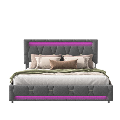 Rosahqnda Upholstered bed, Double bed without mattress, Linen bed frame with headboard backrest, 4 drawers, Double bed